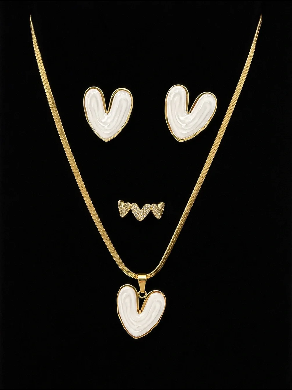 Gold and Light Pink Enamel Heart Jewelry Set